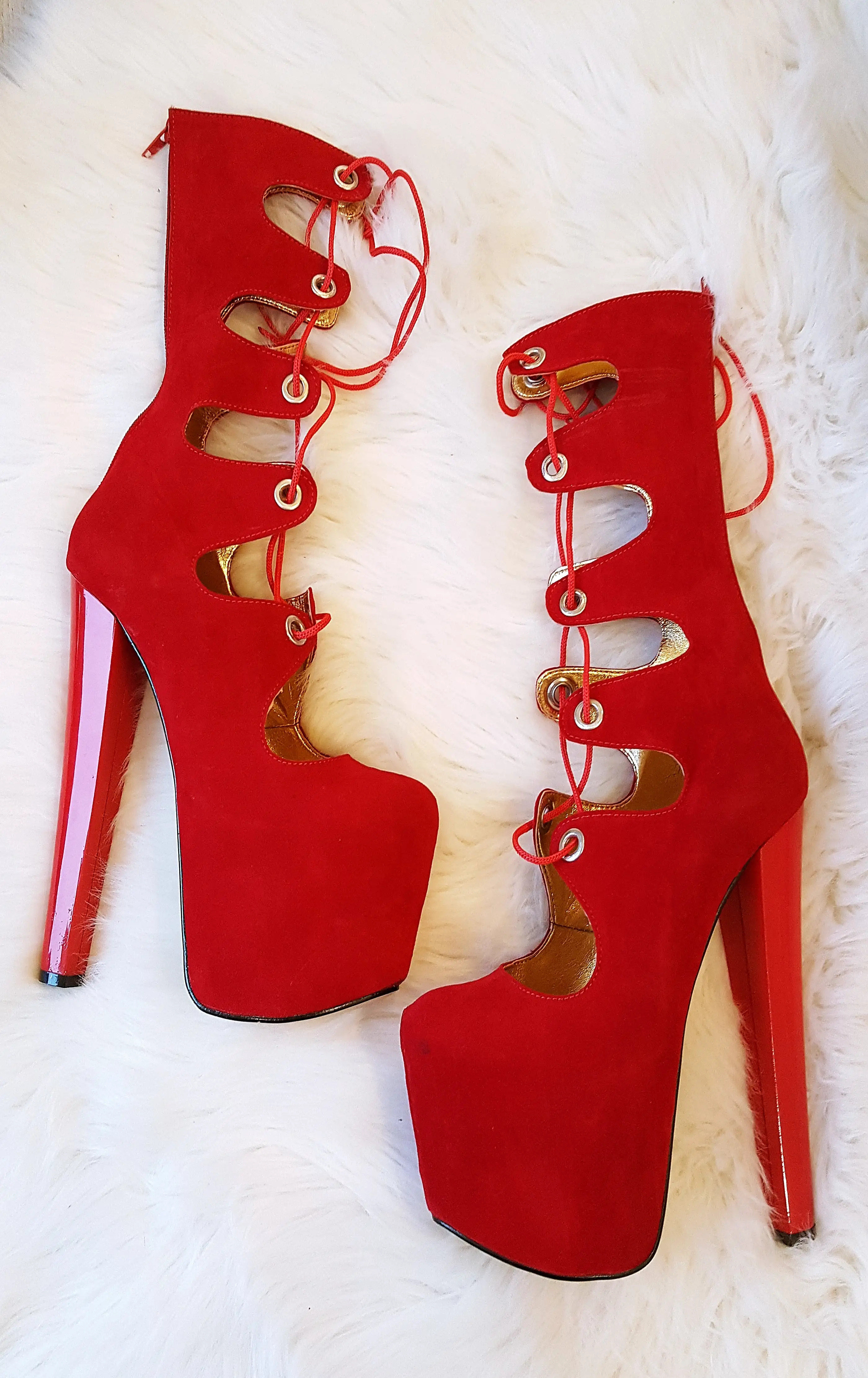 Red Gladiator Lace Up Chunky Heel Boots