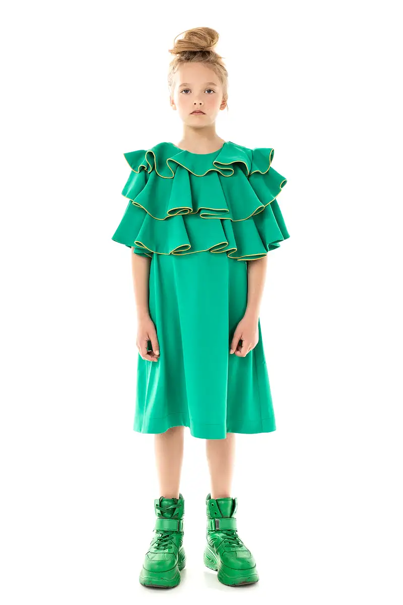 RUFFLE WITH PIPING YOKE GREEN DRESS