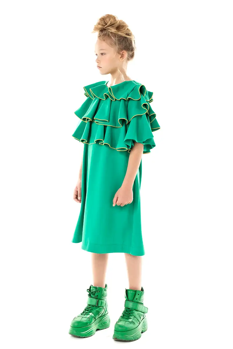 RUFFLE WITH PIPING YOKE GREEN DRESS