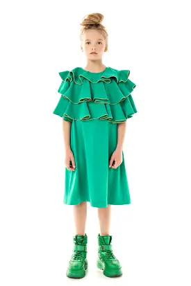 RUFFLE WITH PIPING YOKE GREEN DRESS