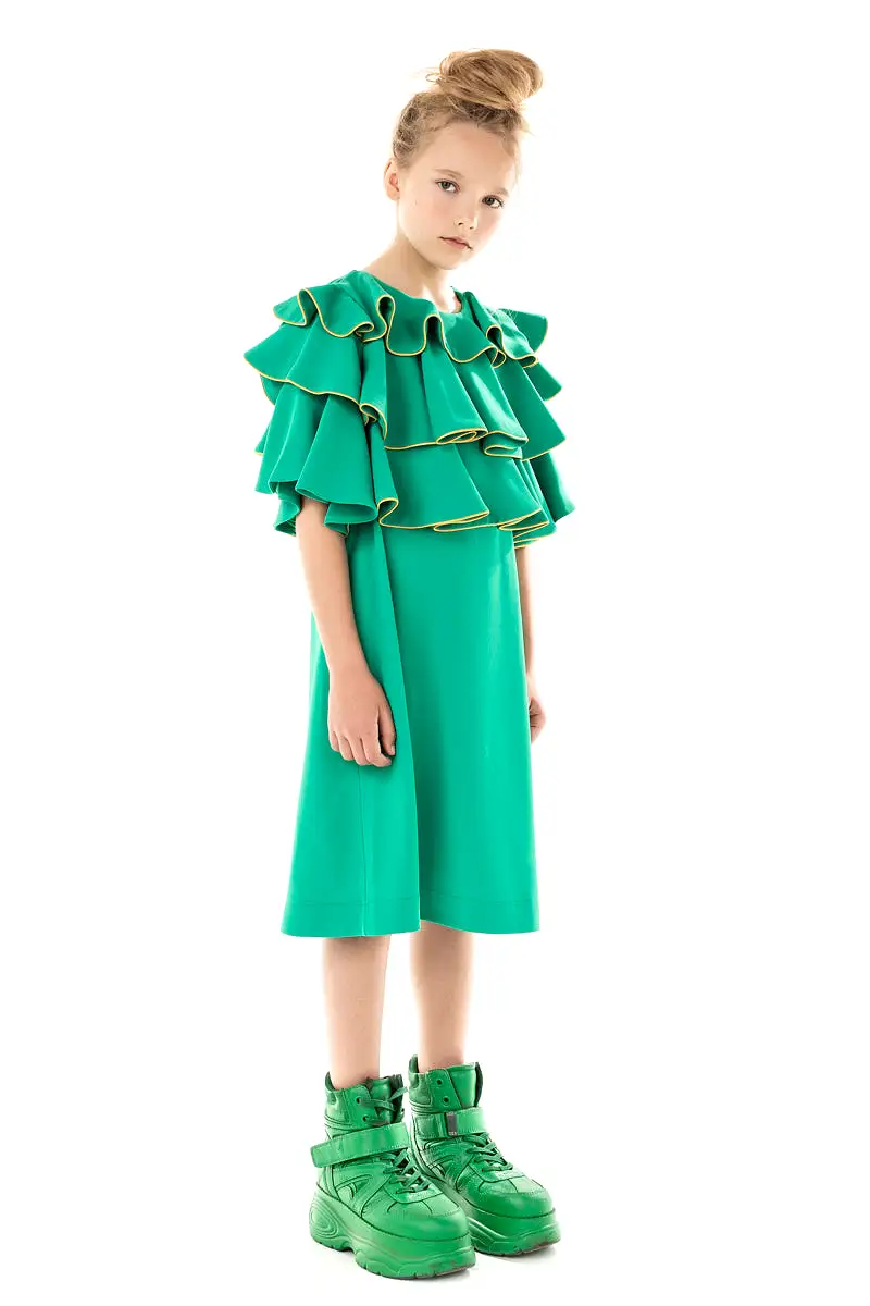 RUFFLE WITH PIPING YOKE GREEN DRESS