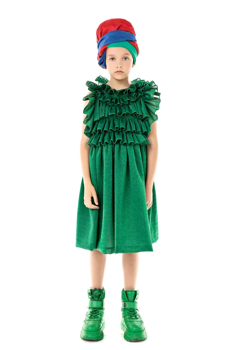 RUFFLE YOKE GREEN DRESS