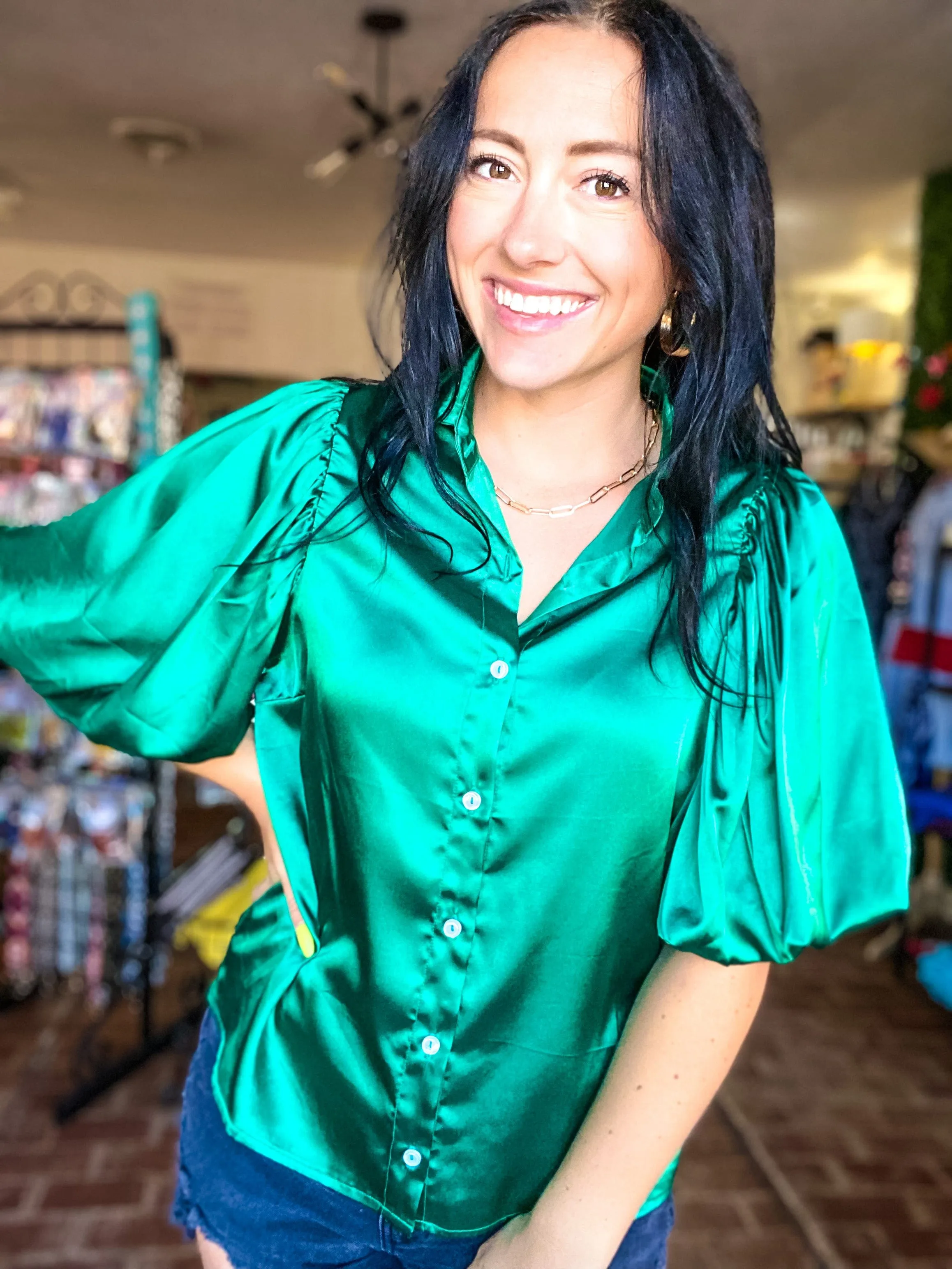 Satin Puffy Sleeve Top- Green