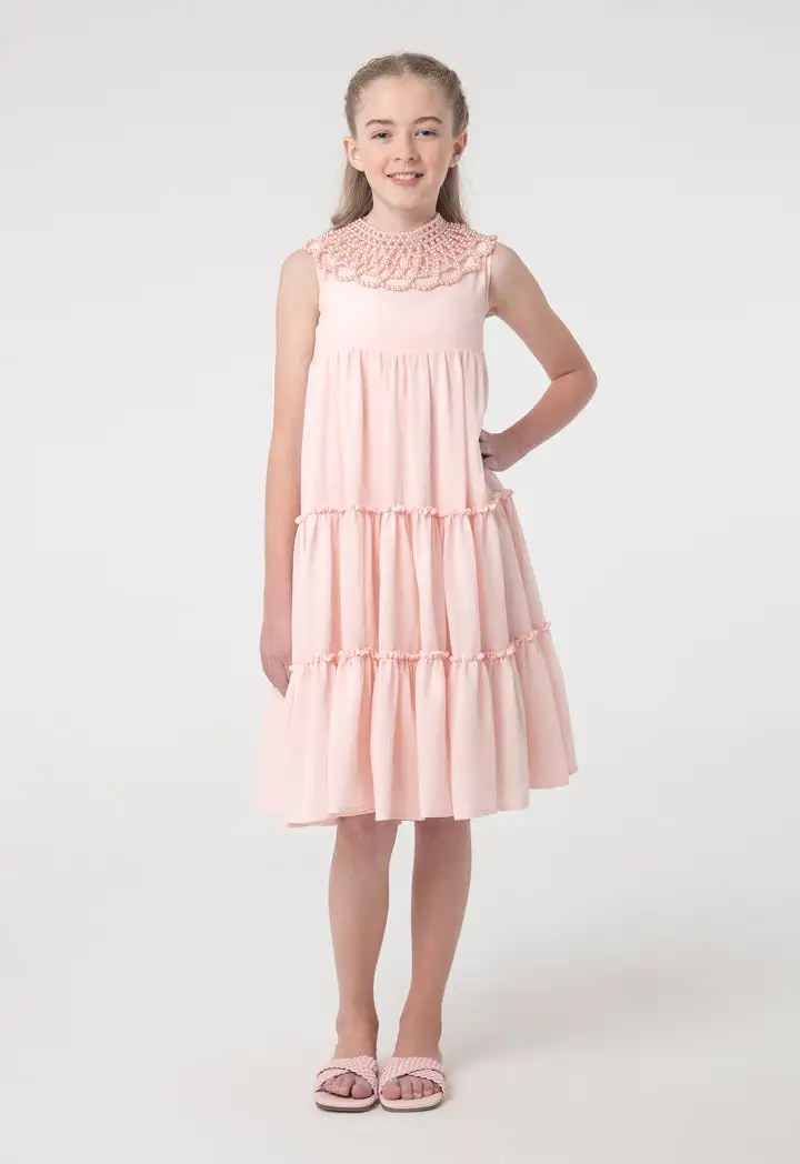 Solid Sleeveless Frill Tiered Flare Dress