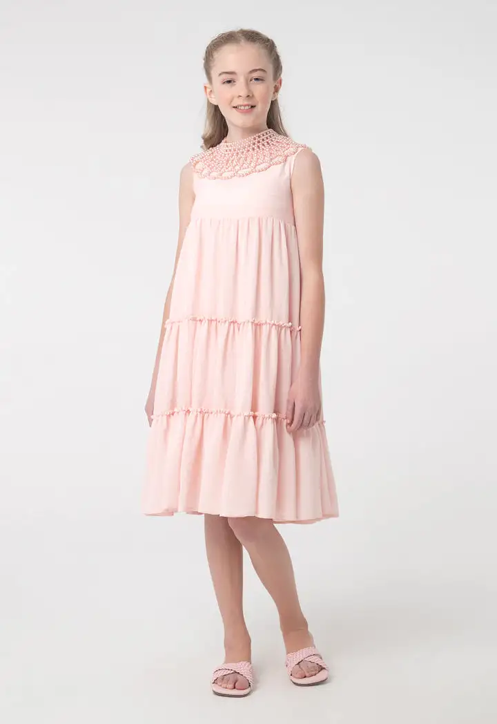 Solid Sleeveless Frill Tiered Flare Dress