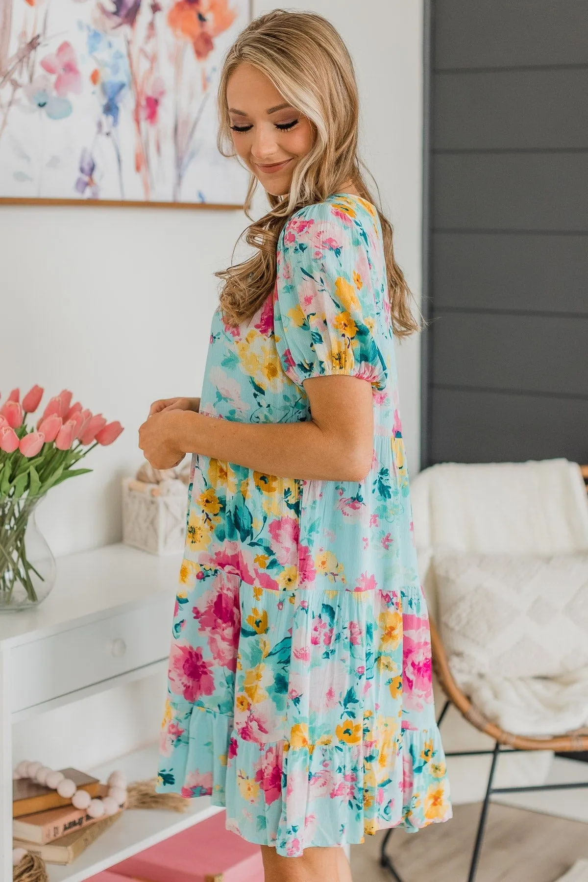 Steal You Away Tiered Floral Dress- Aqua Blue