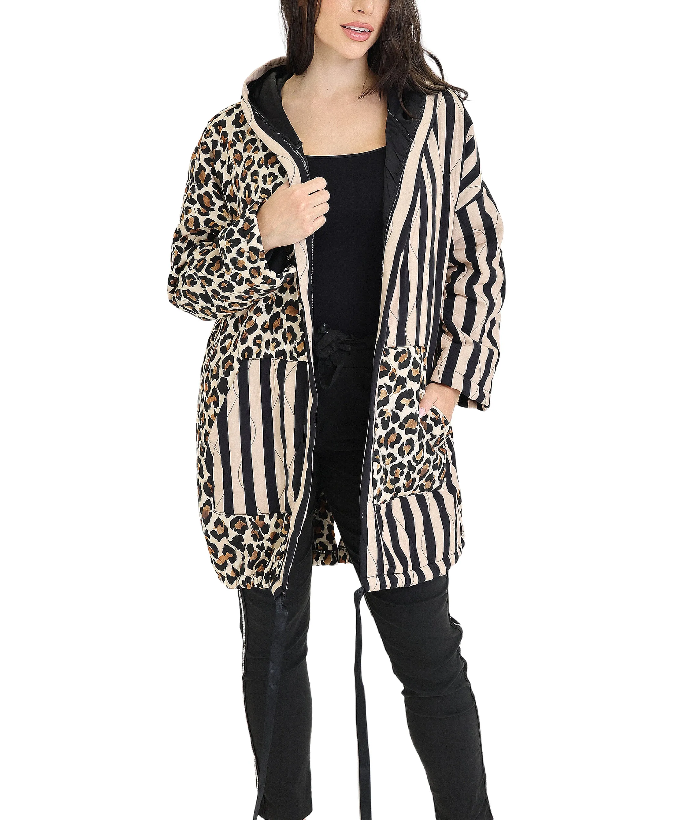 Stripe & Leopard Quilted Coat w/ Hood