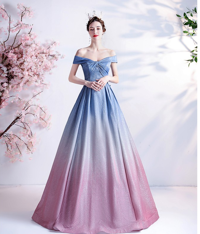 The Kyria Off Shoulder Blue Pink Ombre Gown