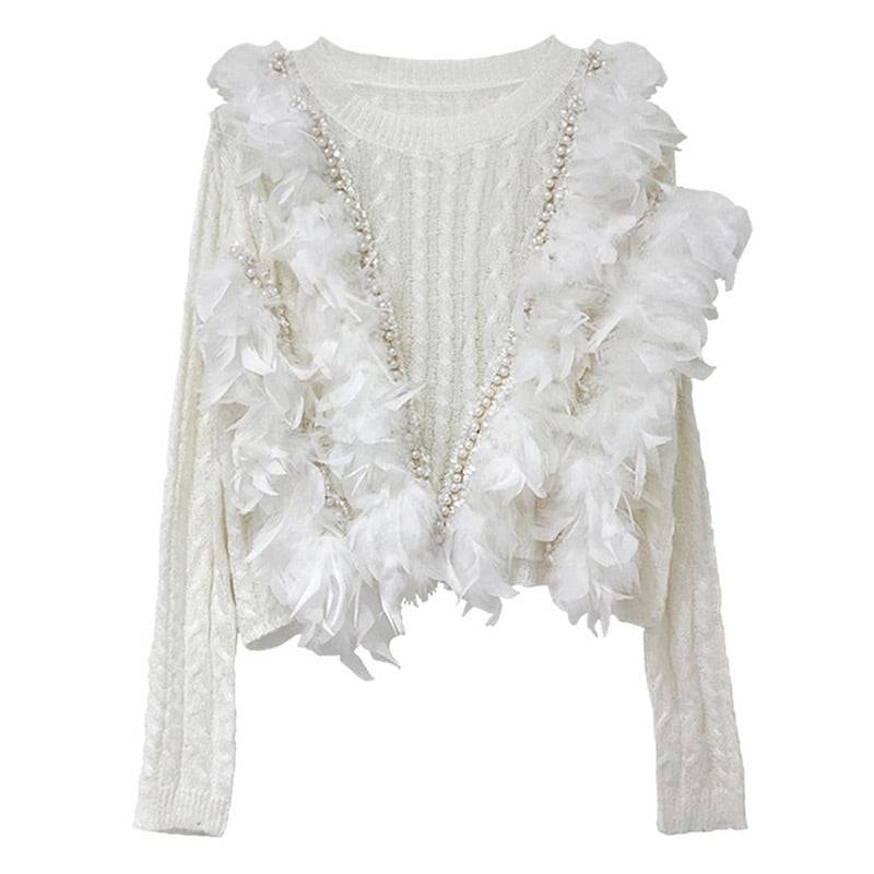 Ultra Glam Feather And Pearl Knit Sweater