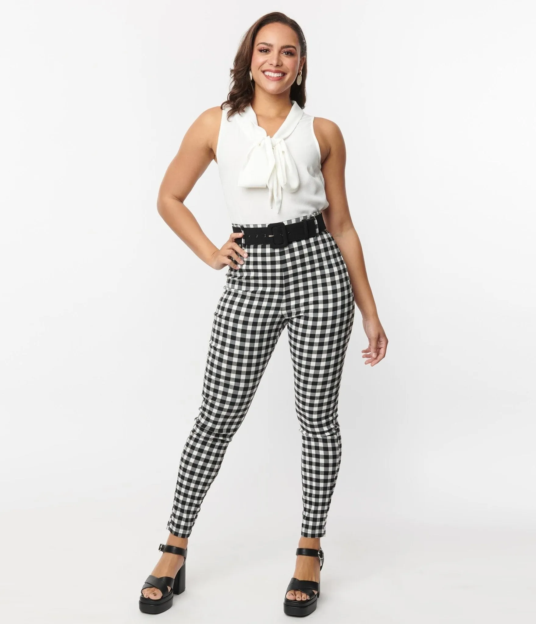 Unique Vintage Black & White Gingham Belted Rizzo Pants