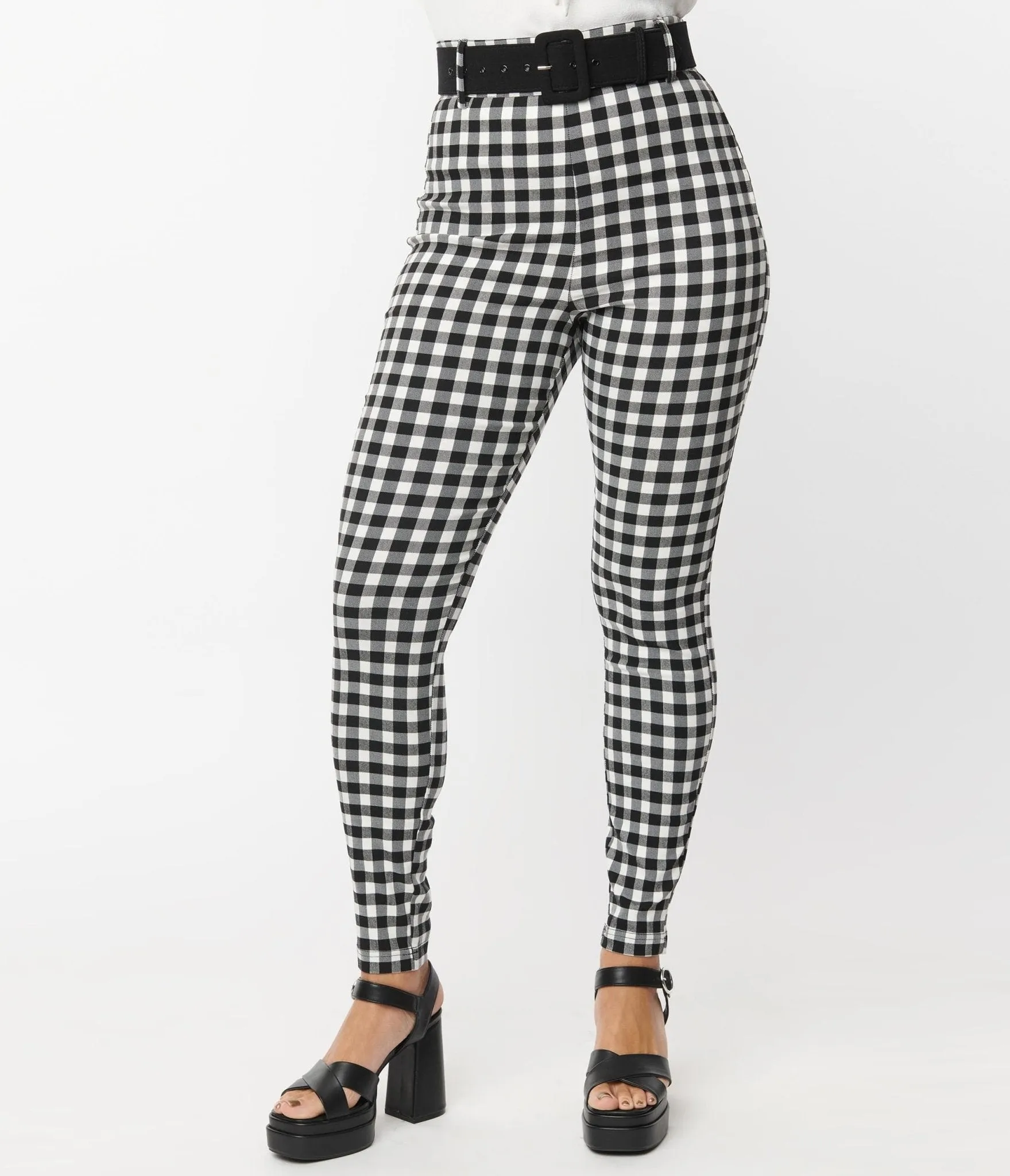 Unique Vintage Black & White Gingham Belted Rizzo Pants