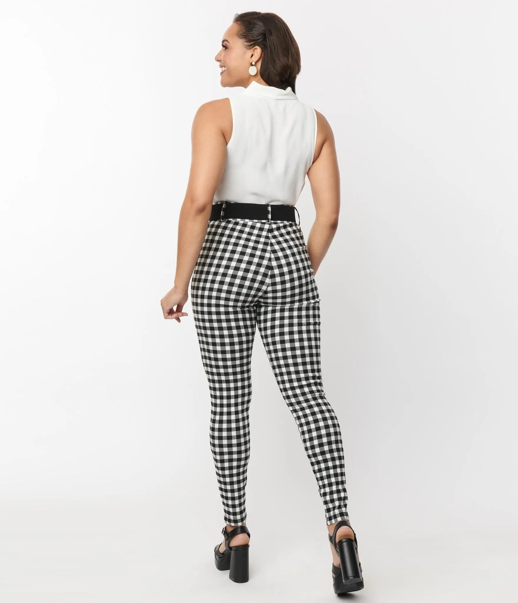 Unique Vintage Black & White Gingham Belted Rizzo Pants