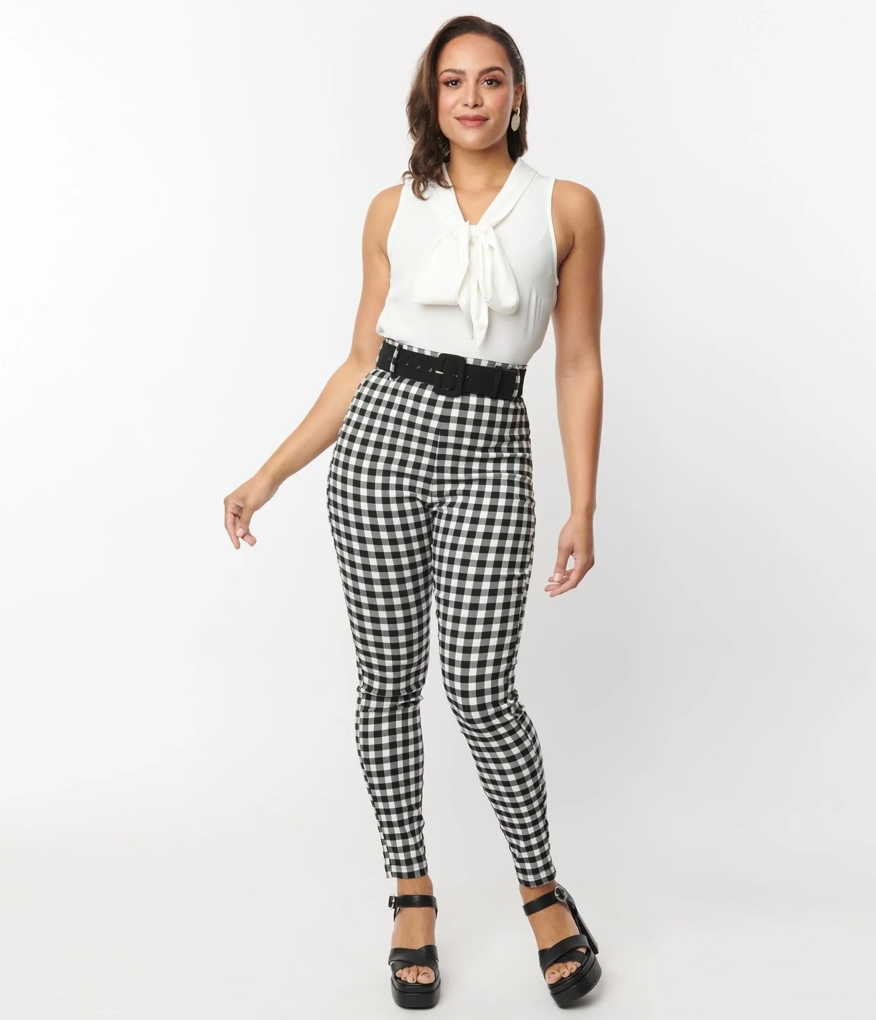 Unique Vintage Black & White Gingham Belted Rizzo Pants