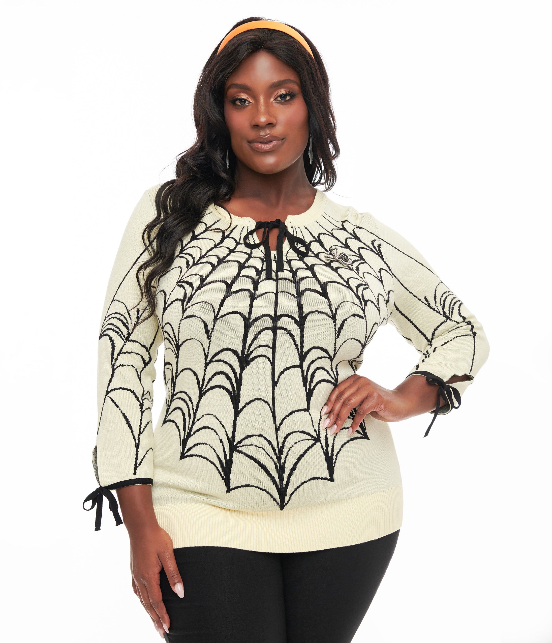 Unique Vintage Plus Size Cream & Black Spiderweb Keyhole Sweater