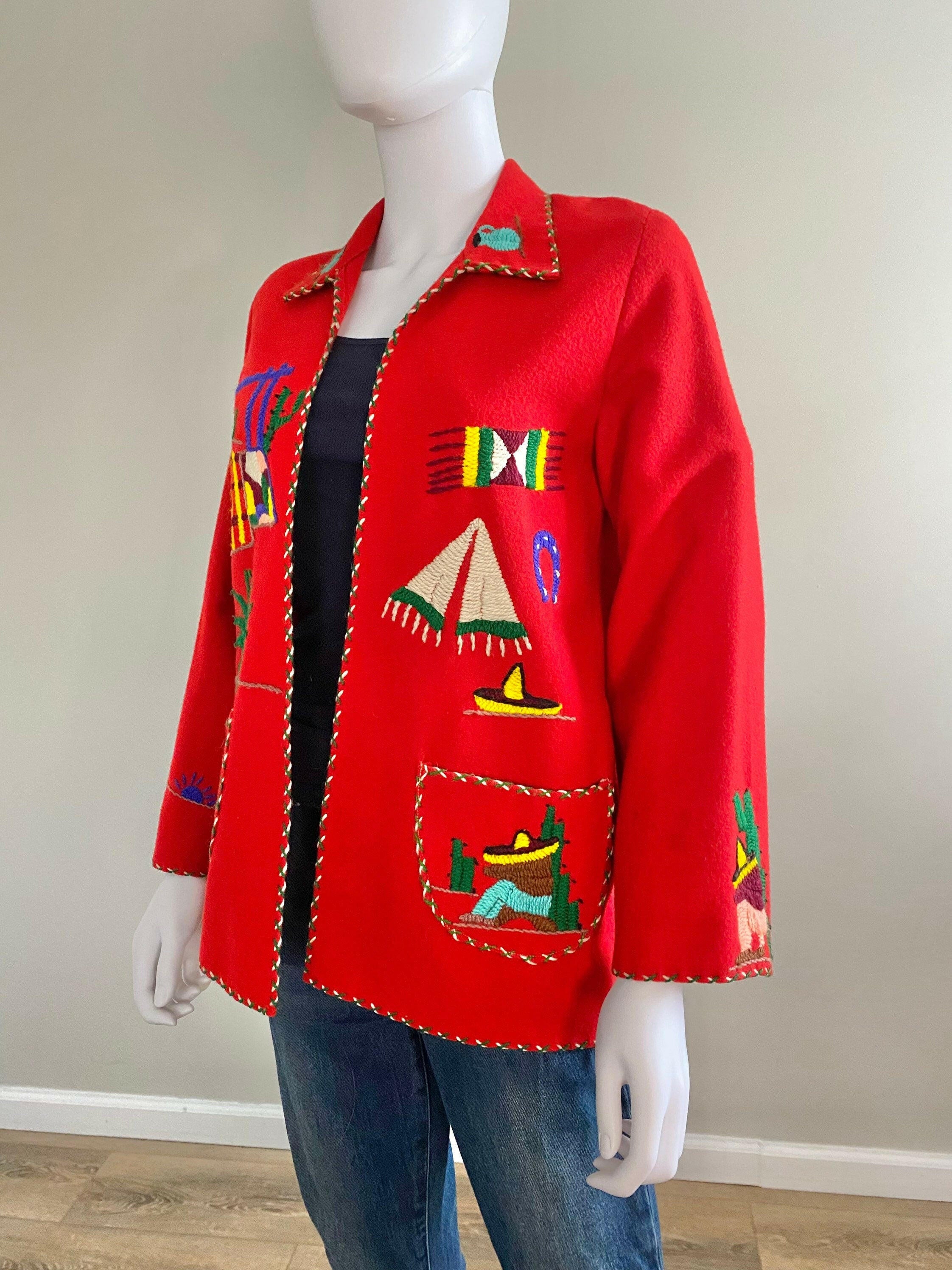 Vintage 1950s Red Mexican Souvenir Jacket / 50s red novelty print coat / 1950s red blazer / Size S