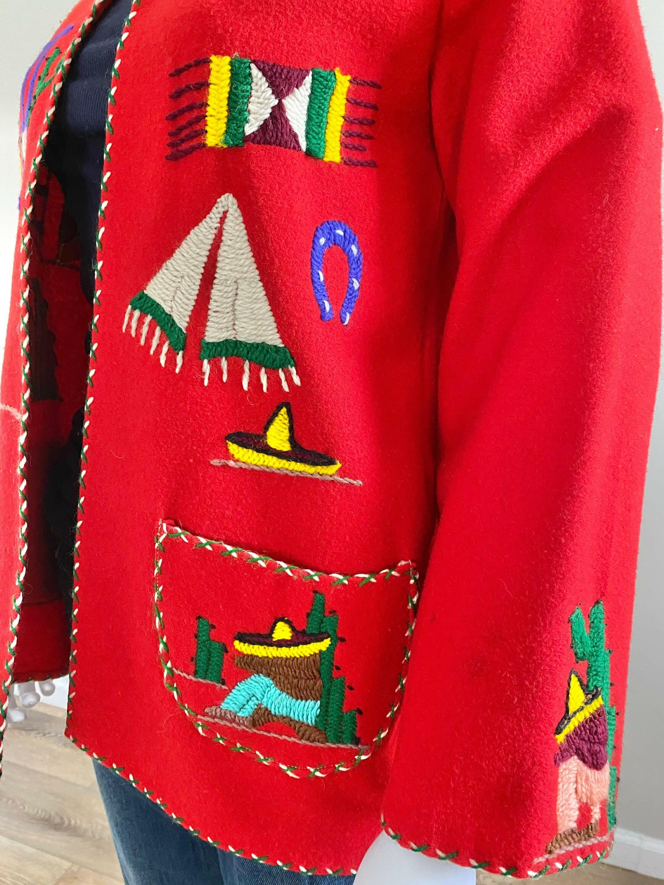 Vintage 1950s Red Mexican Souvenir Jacket / 50s red novelty print coat / 1950s red blazer / Size S