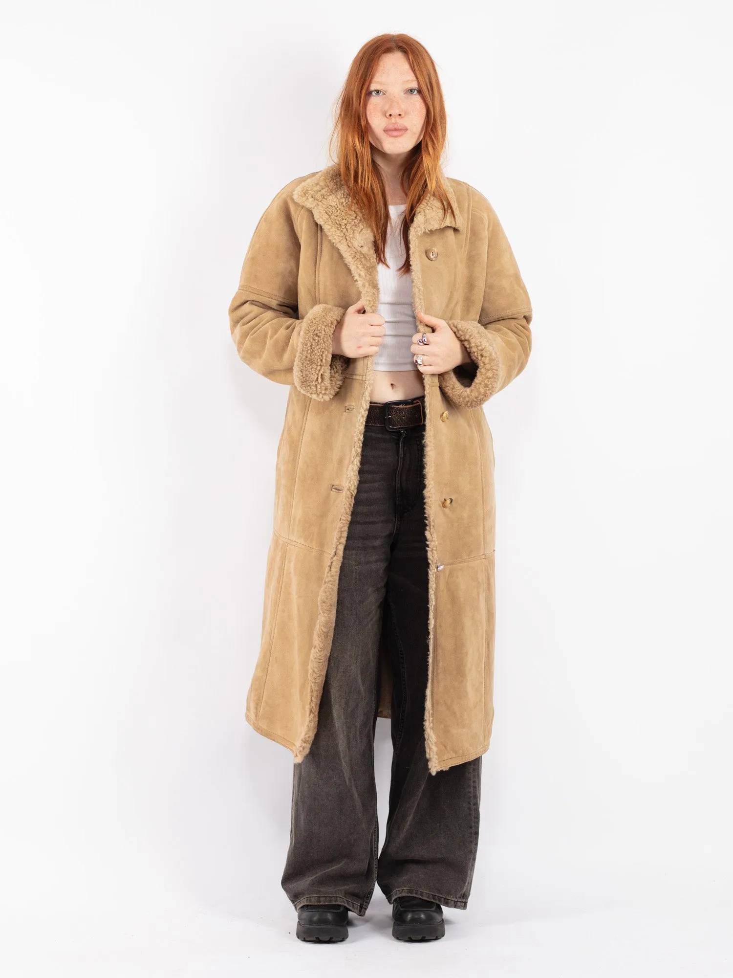 Vintage 70's Women Sheepskin Long Coat in Beige