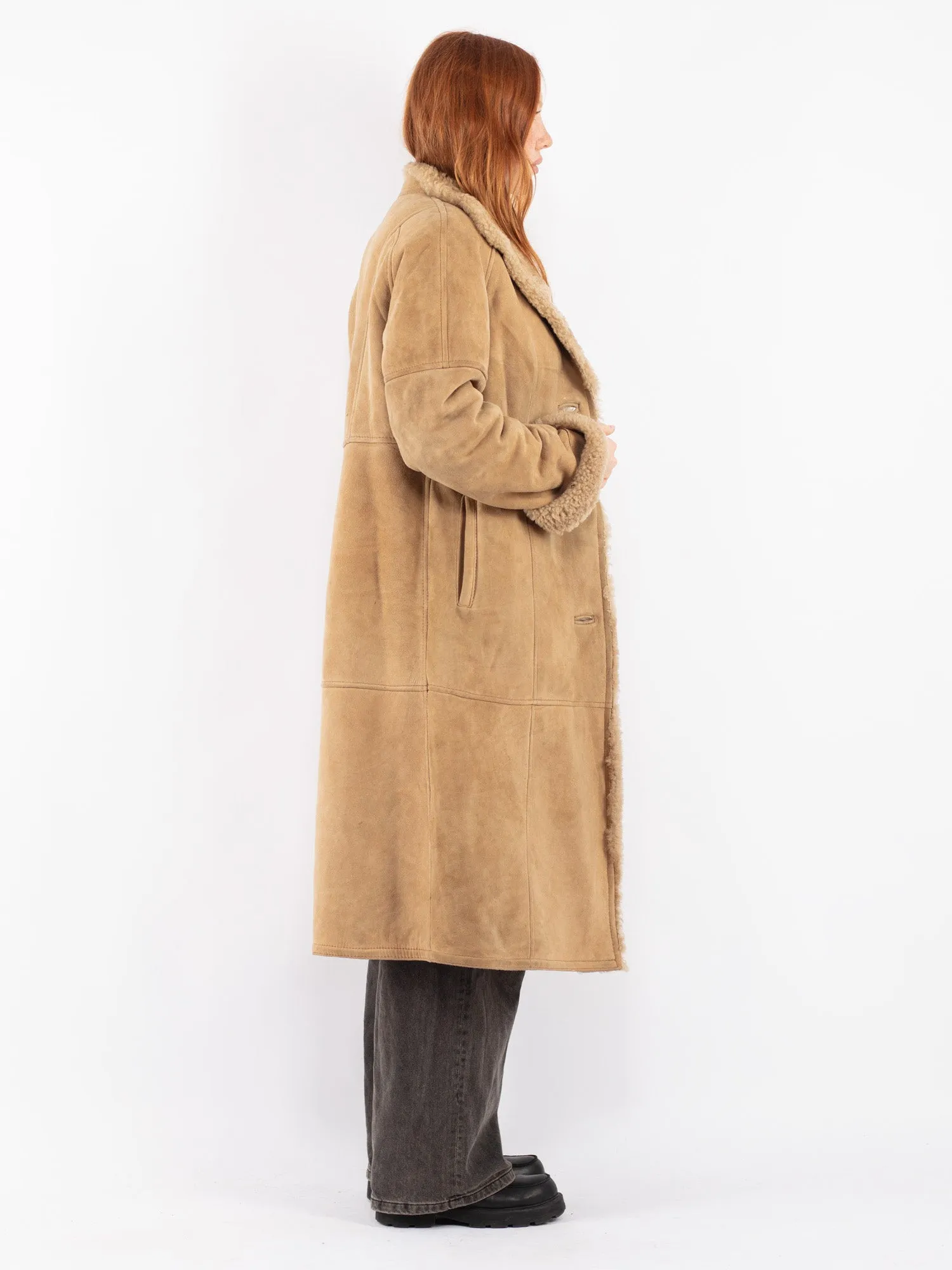 Vintage 70's Women Sheepskin Long Coat in Beige