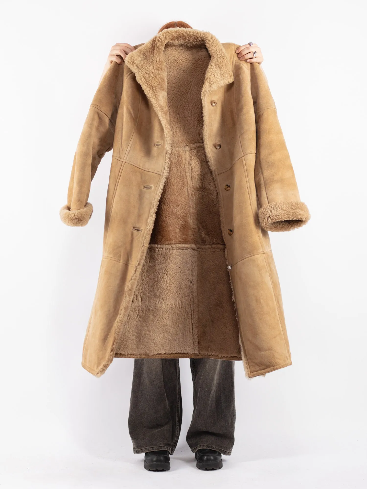 Vintage 70's Women Sheepskin Long Coat in Beige