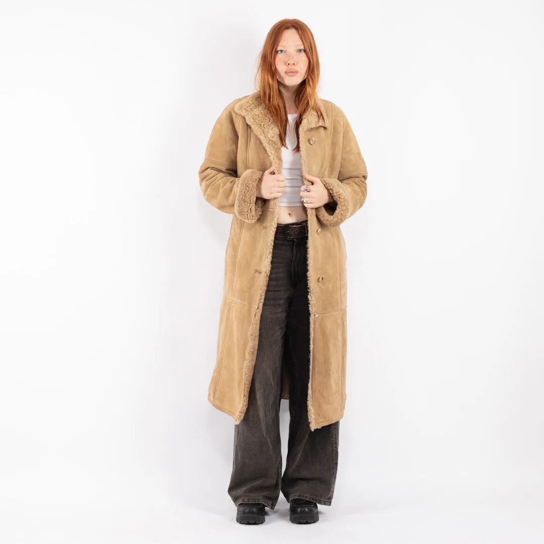 Vintage 70's Women Sheepskin Long Coat in Beige