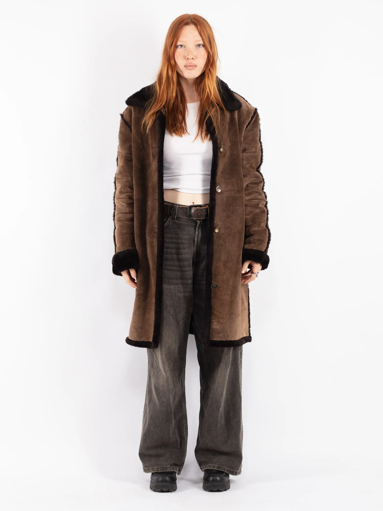 Vintage 90's Women Suede Sherpa Coat in Brown