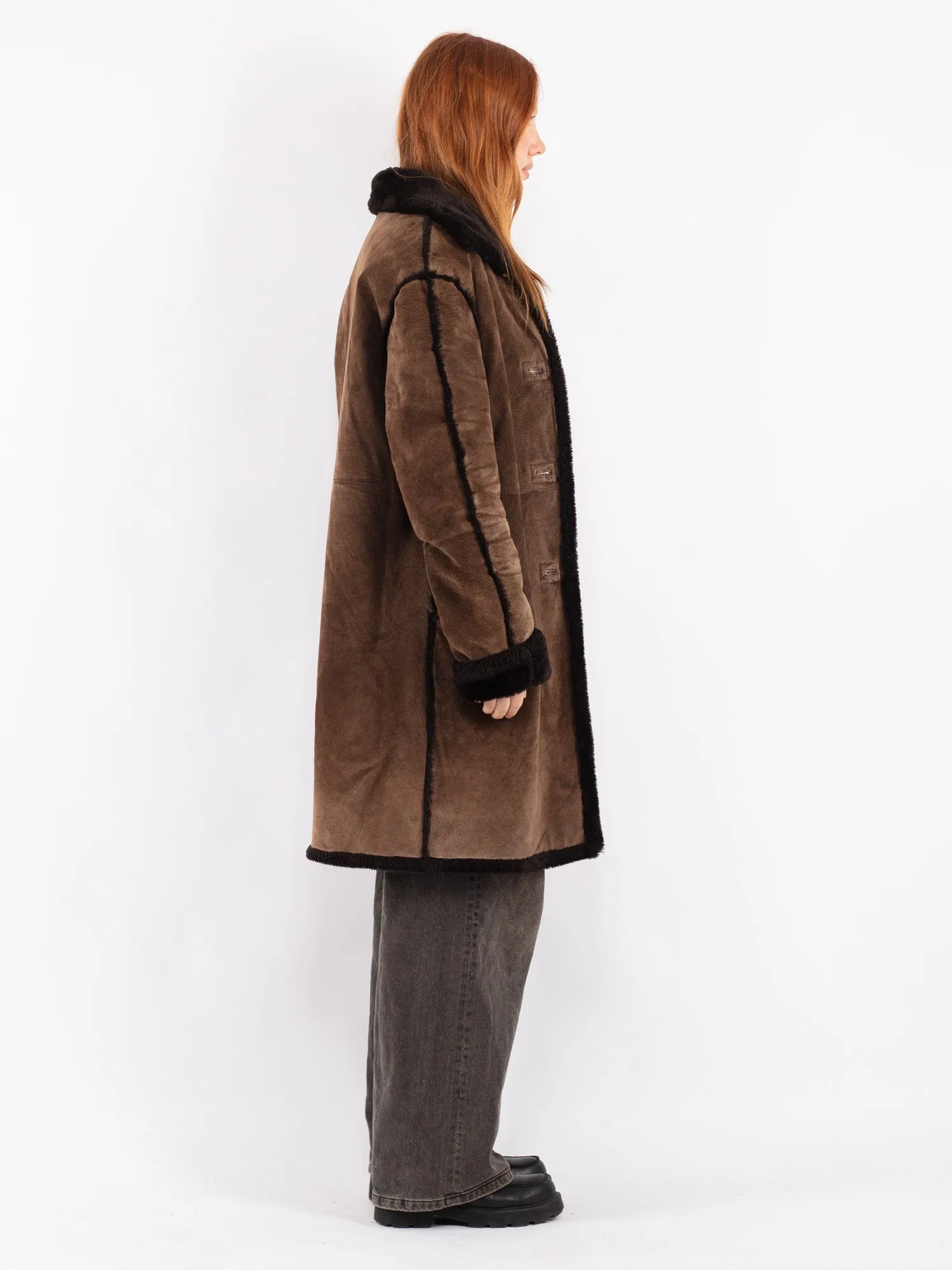 Vintage 90's Women Suede Sherpa Coat in Brown