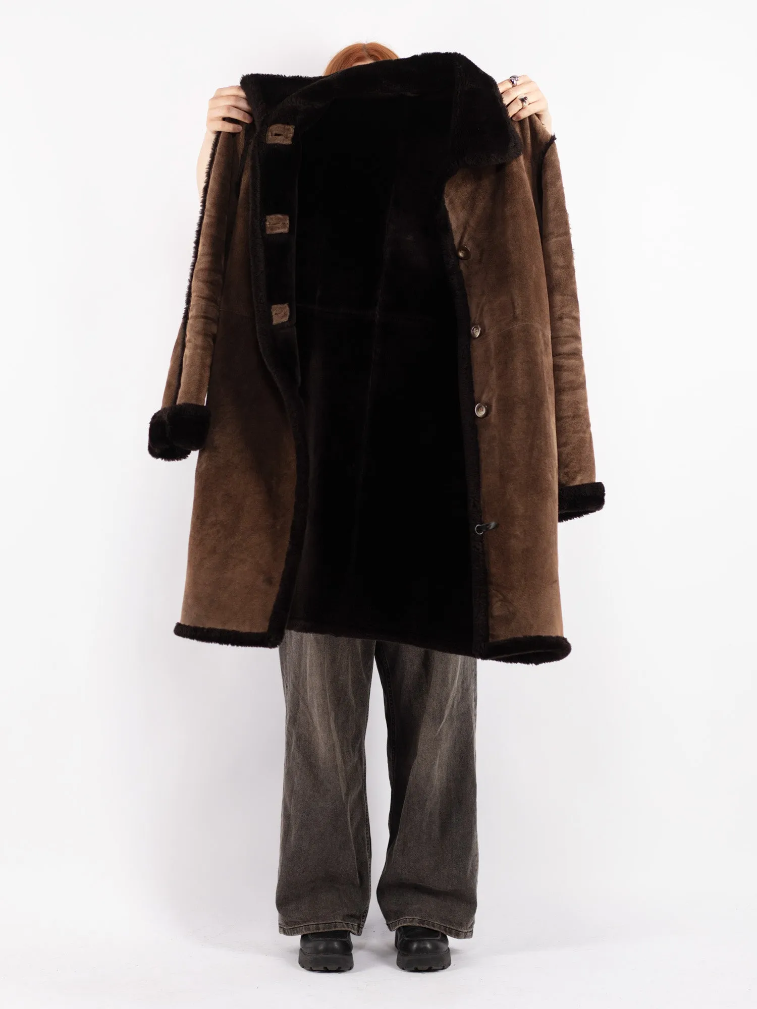 Vintage 90's Women Suede Sherpa Coat in Brown