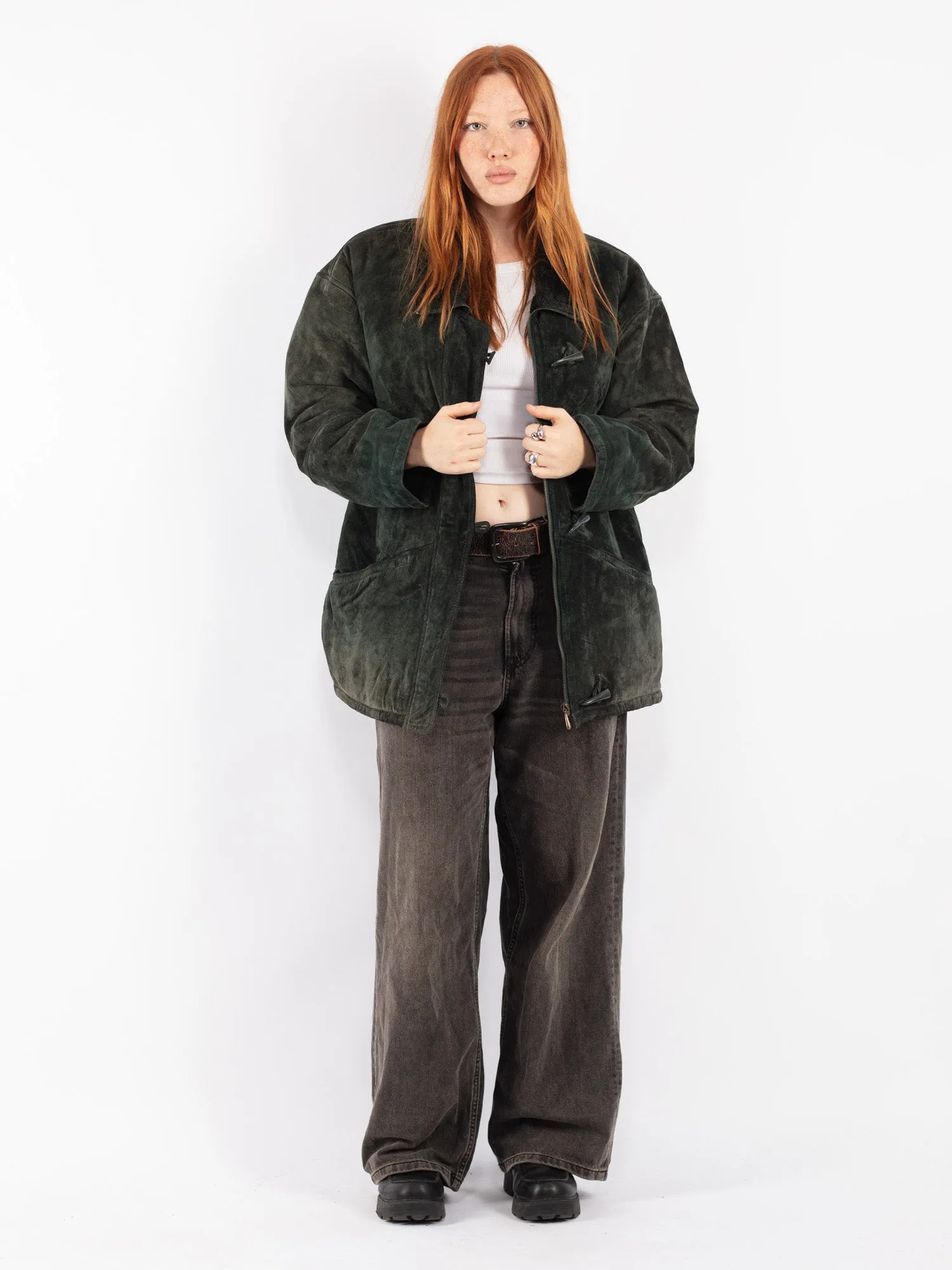 Vintage 90's Women Suede Sherpa Coat in Green