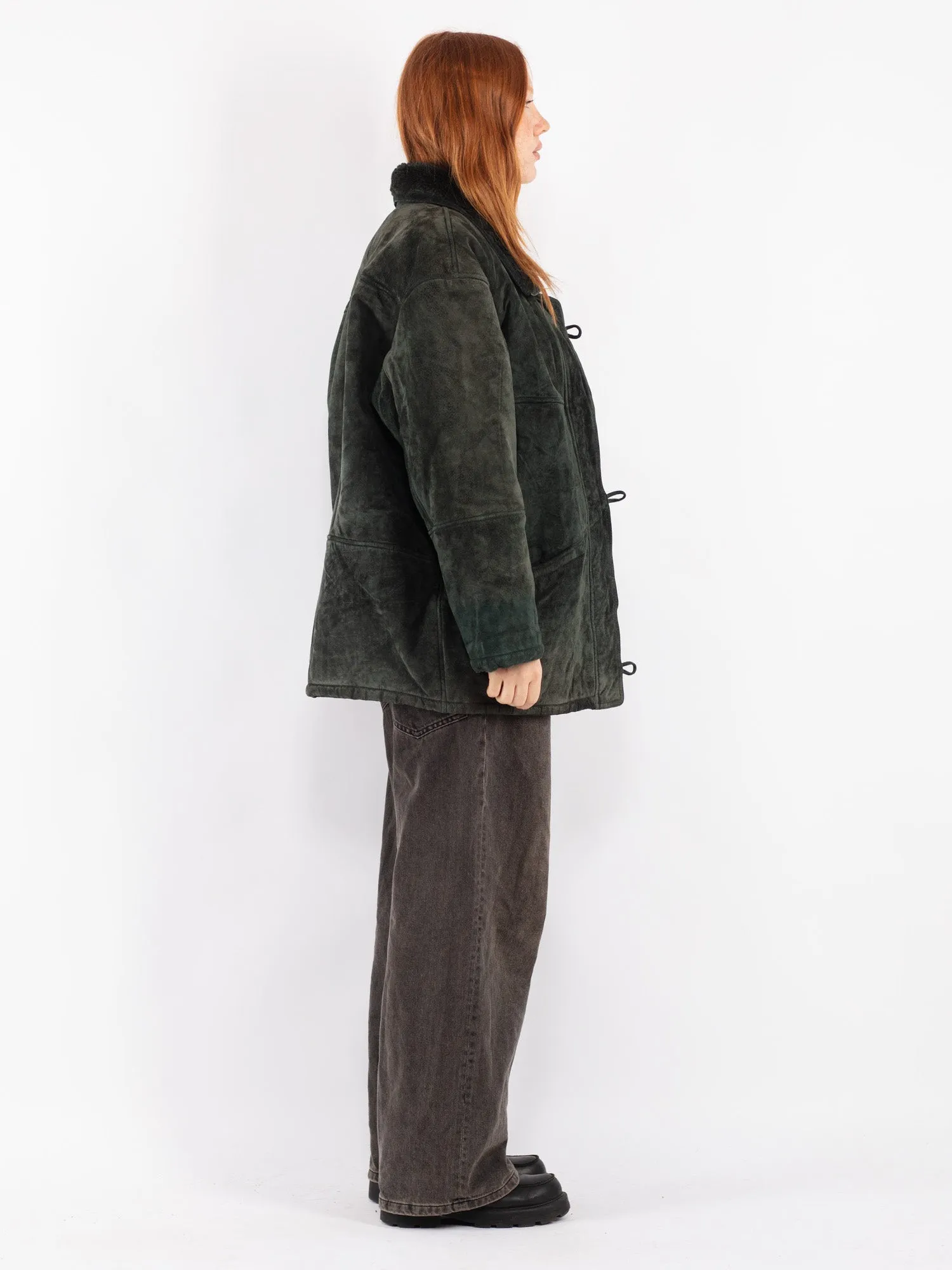 Vintage 90's Women Suede Sherpa Coat in Green