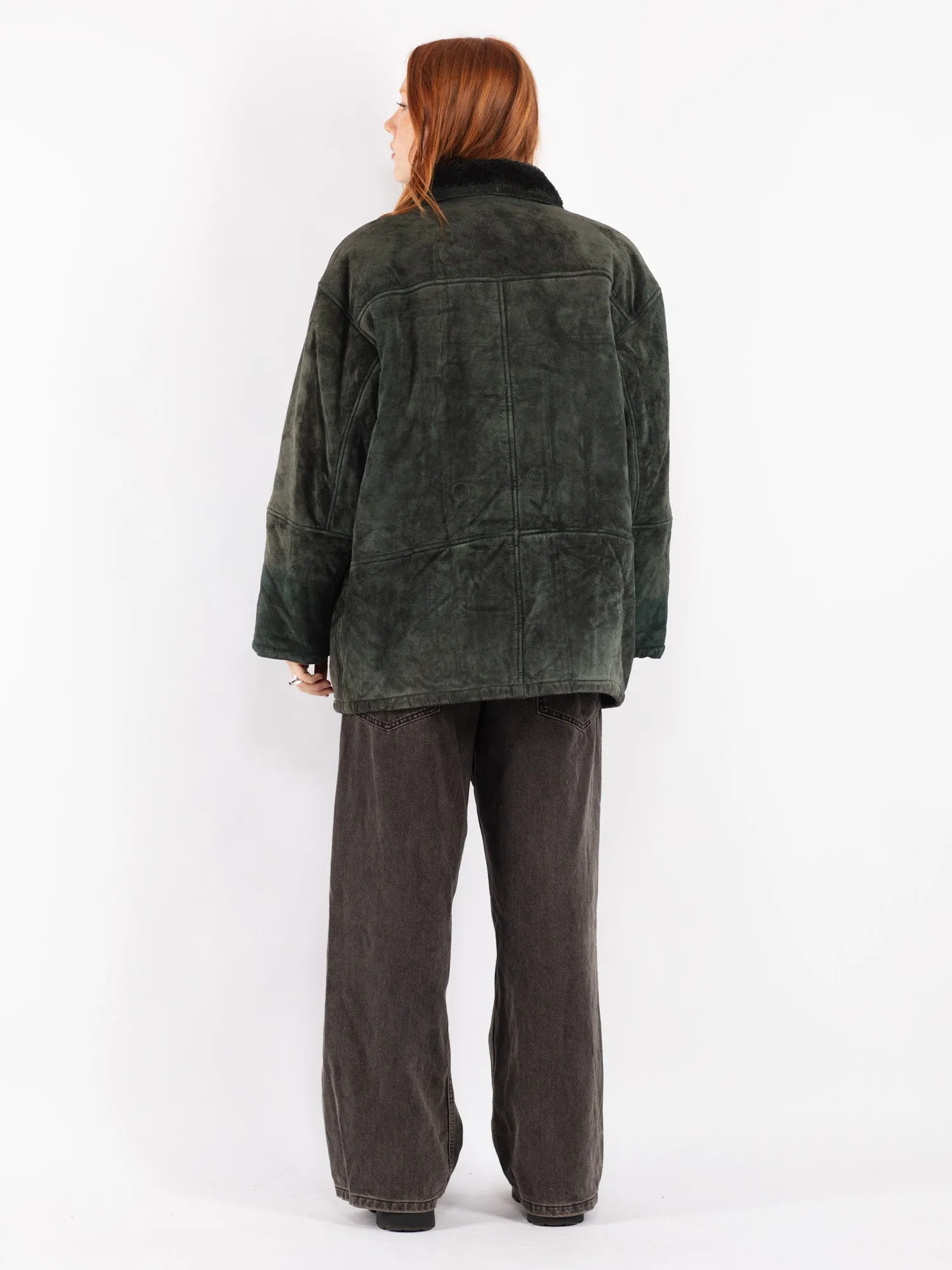 Vintage 90's Women Suede Sherpa Coat in Green