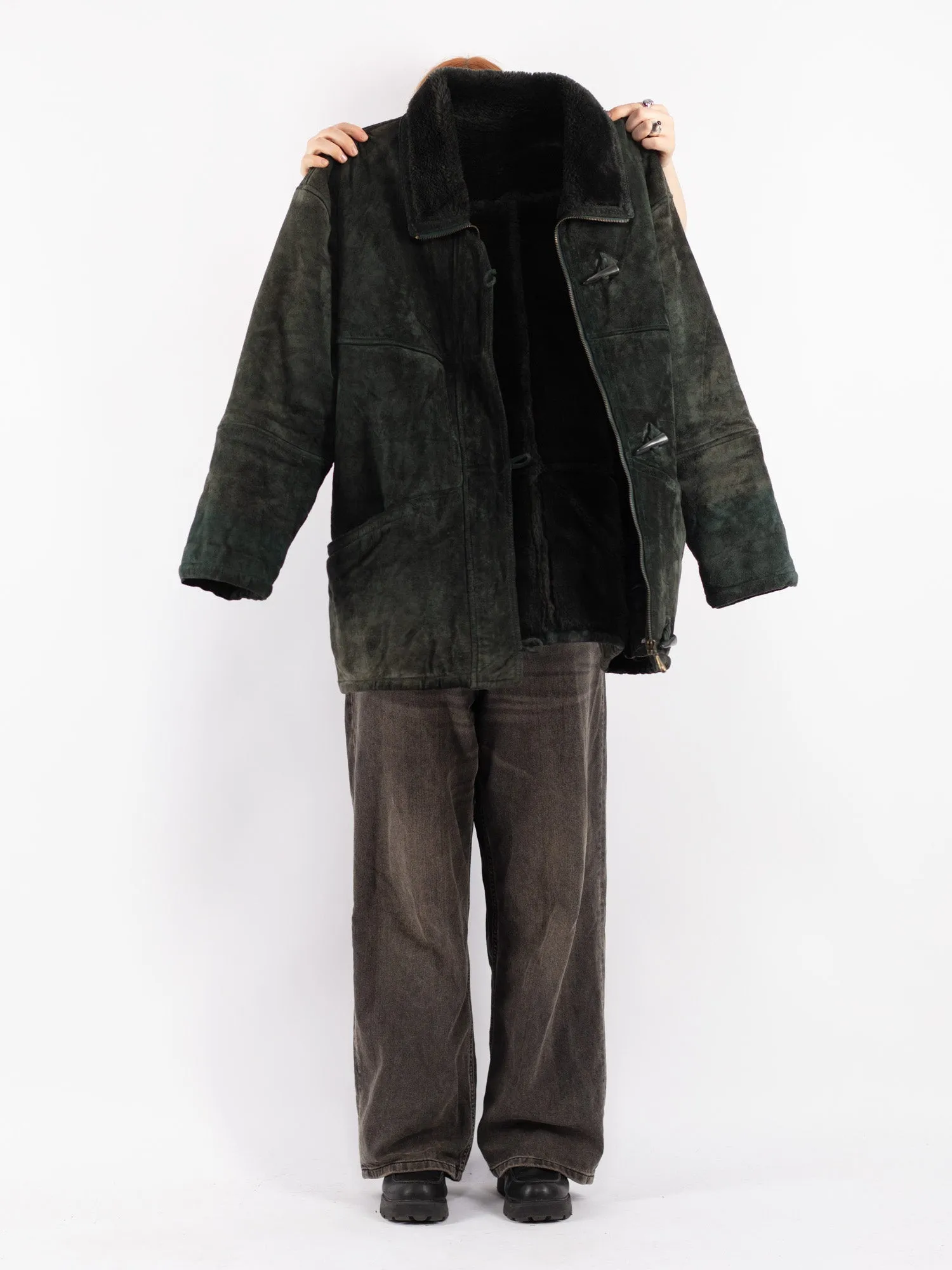 Vintage 90's Women Suede Sherpa Coat in Green