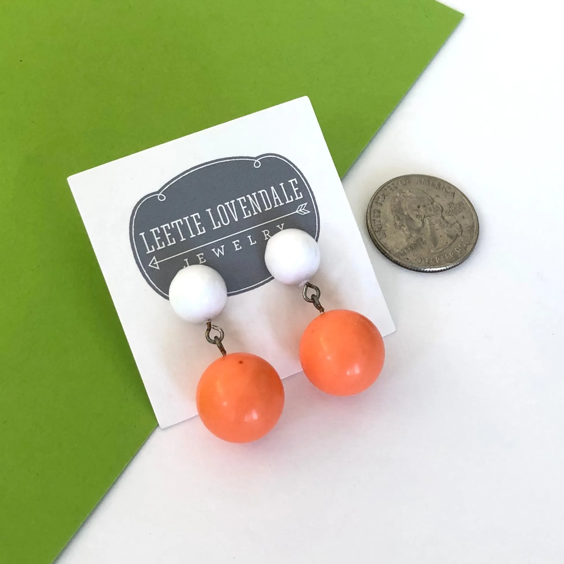 White & Coral Lollipop Statement Lucite Drop Earrings