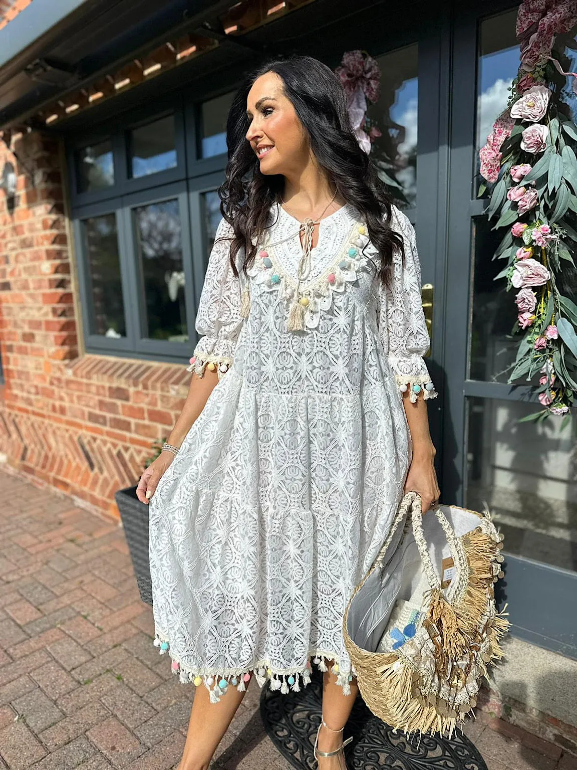 White Luxury Pom Pom Lace Tiered Dress Abbie