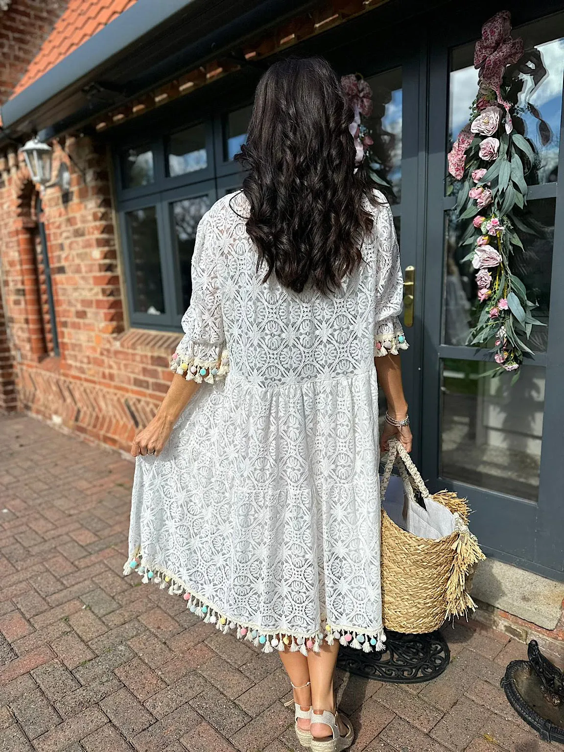 White Luxury Pom Pom Lace Tiered Dress Abbie