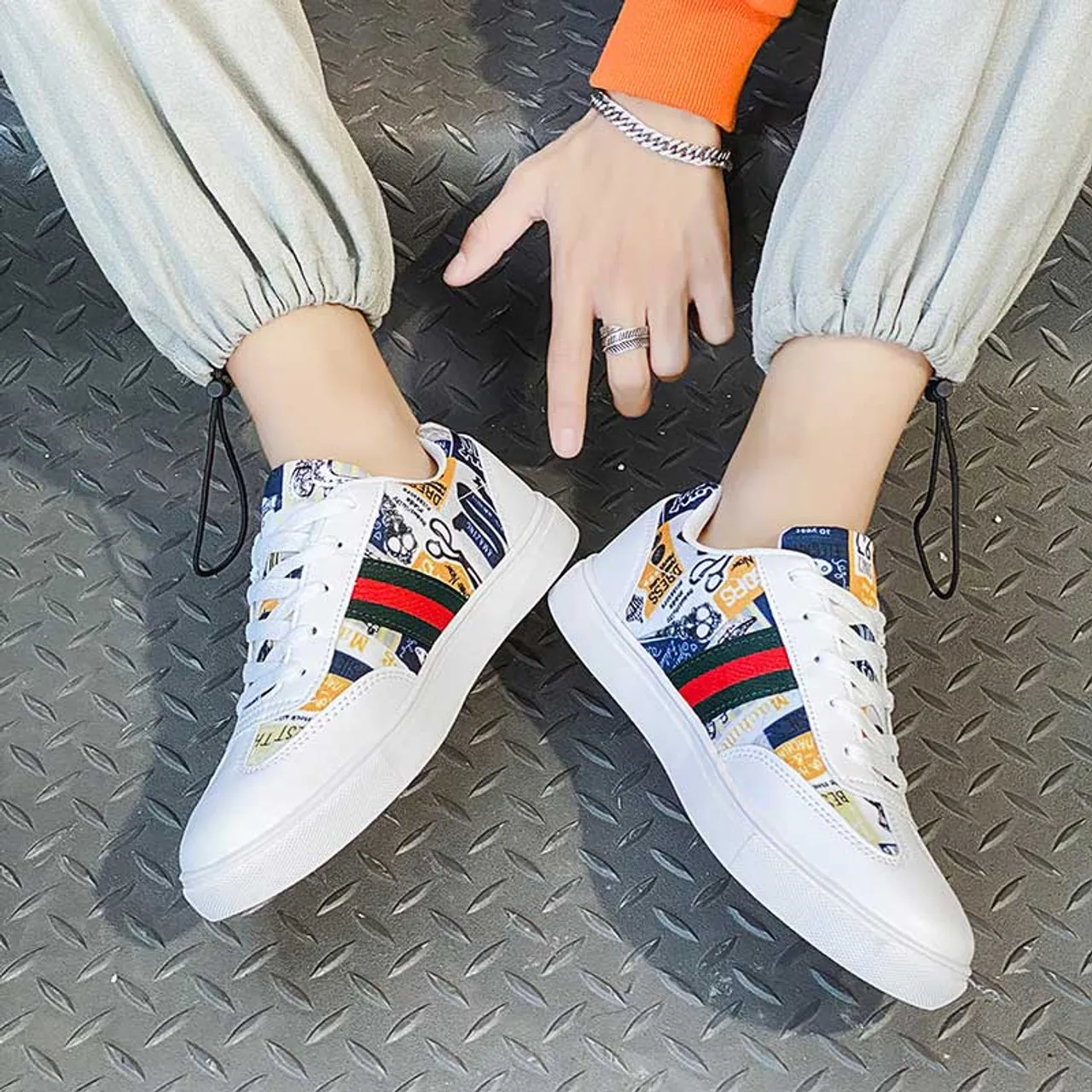 White pattern print stripe lace up shoe sneaker