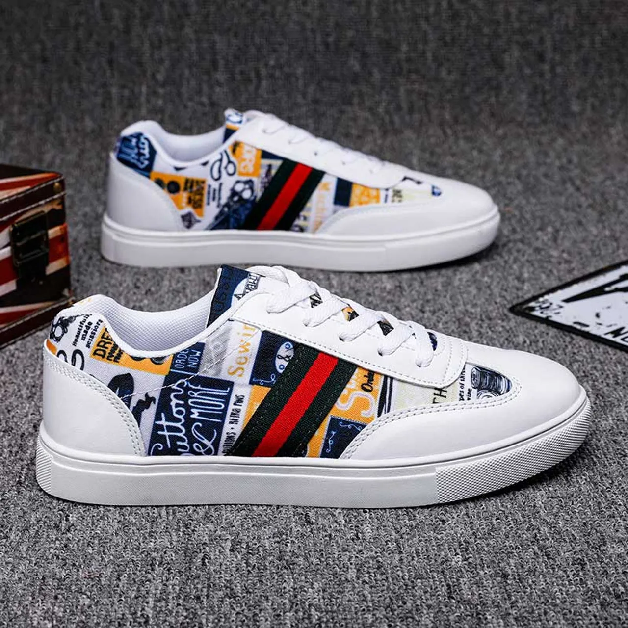 White pattern print stripe lace up shoe sneaker