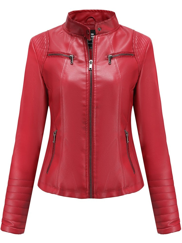 Women Faux Leather Jacket Long Sleeve Plus Size Solid Zipper