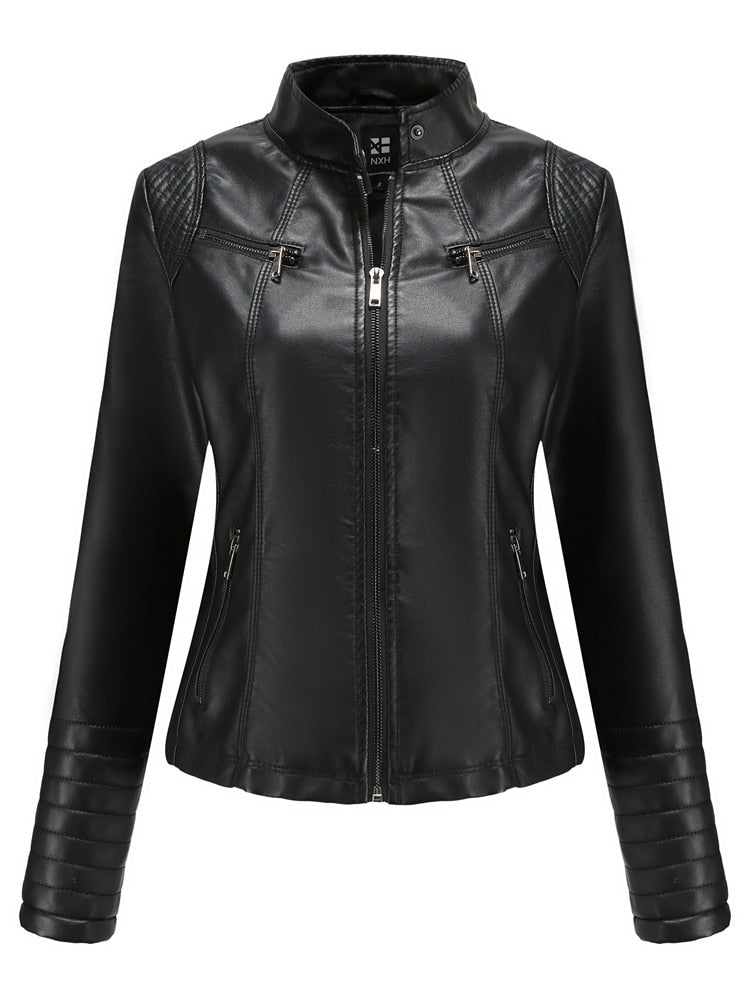 Women Faux Leather Jacket Long Sleeve Plus Size Solid Zipper