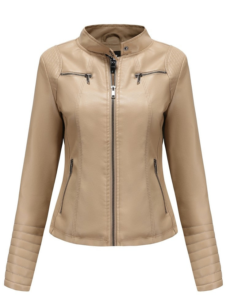 Women Faux Leather Jacket Long Sleeve Plus Size Solid Zipper