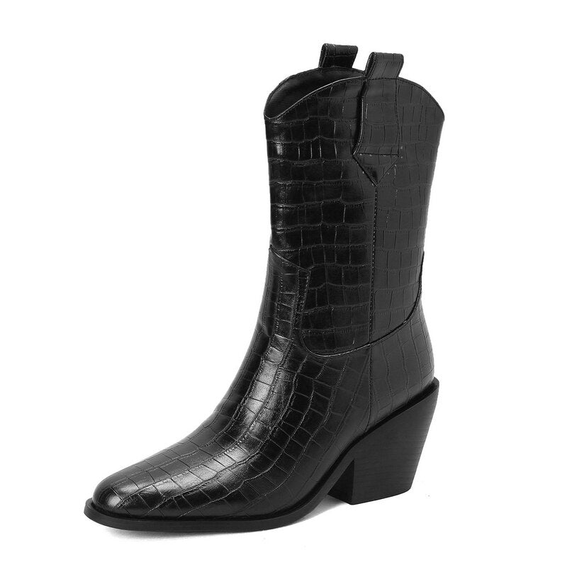 Women's Retro Fashion Winter Pointed Toe Riding Mid-Calf Cowboy Boots