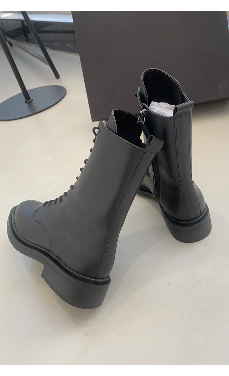 Women's Winter Genuine Leather Round Toe Lace-up Zipper Ankle Boots