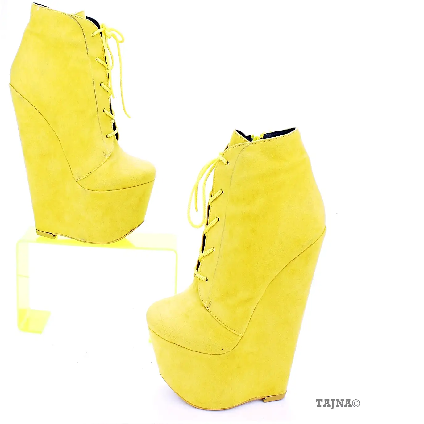 Yellow Faux Suede Lace Up Ankle 16 cm Heel Wedge Booties